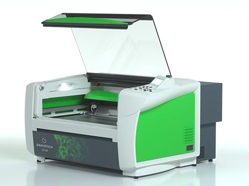 Gravotech LS100 máquina de grabado láser y corte con área de trabajo abierta
