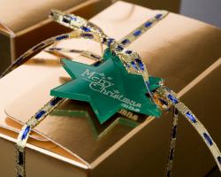 Una estrella para regalo creada con material acrílico Gravotech Gravoglas 1 y una máquina de grabado mecánica